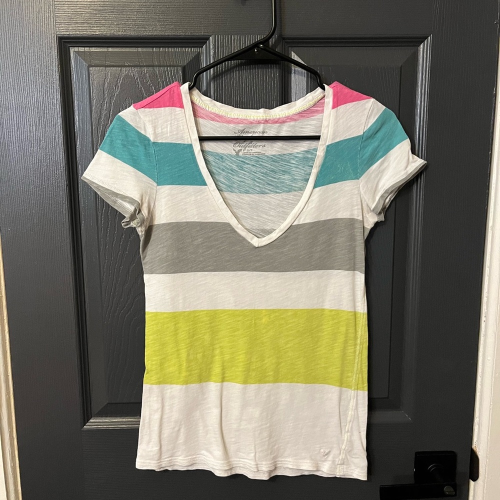 American Eagle Outfitters Multicolor Striped V-Neck Tee